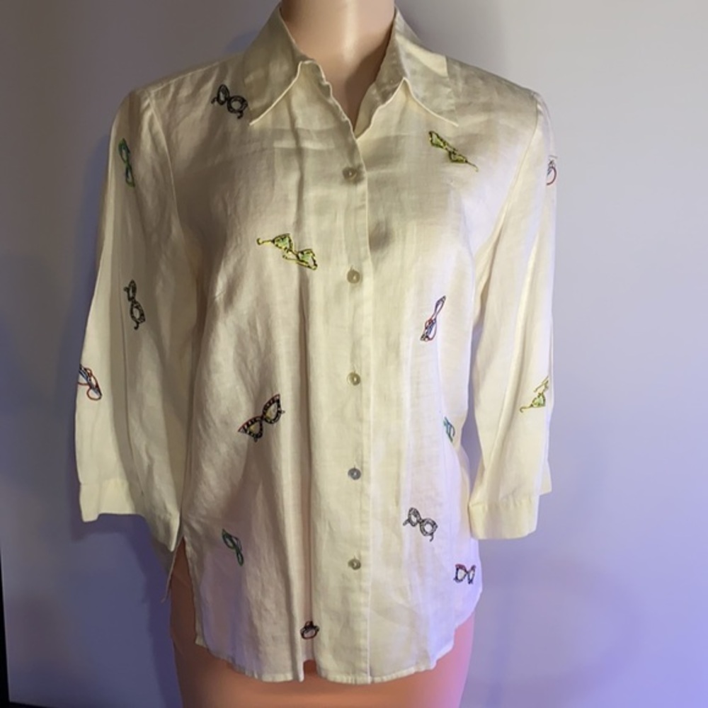 Richard Malcolm Irish Linen Embroidered Eyeglasses Button Front Shirt Small